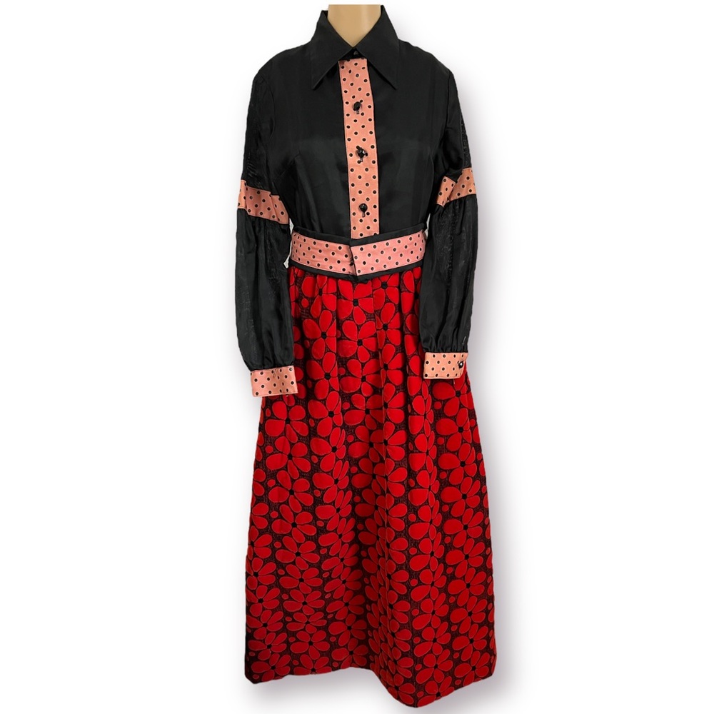 VINTAGE | 1970s Howard Wolf Large Red Floral Skirt Dots Belted Collar Dress S M - Picture 4 of 7